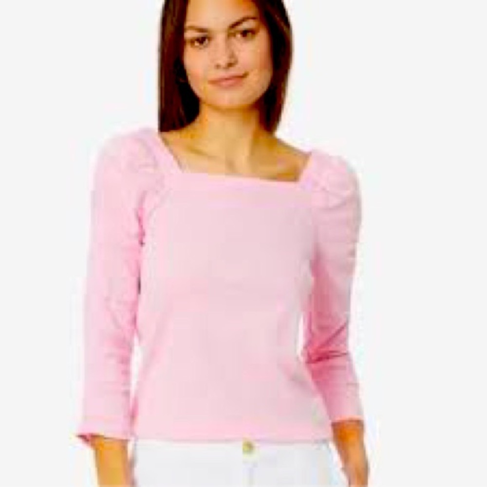 Lilly Pulitzer Light Pink Square-Neck Puff Sleeve Top